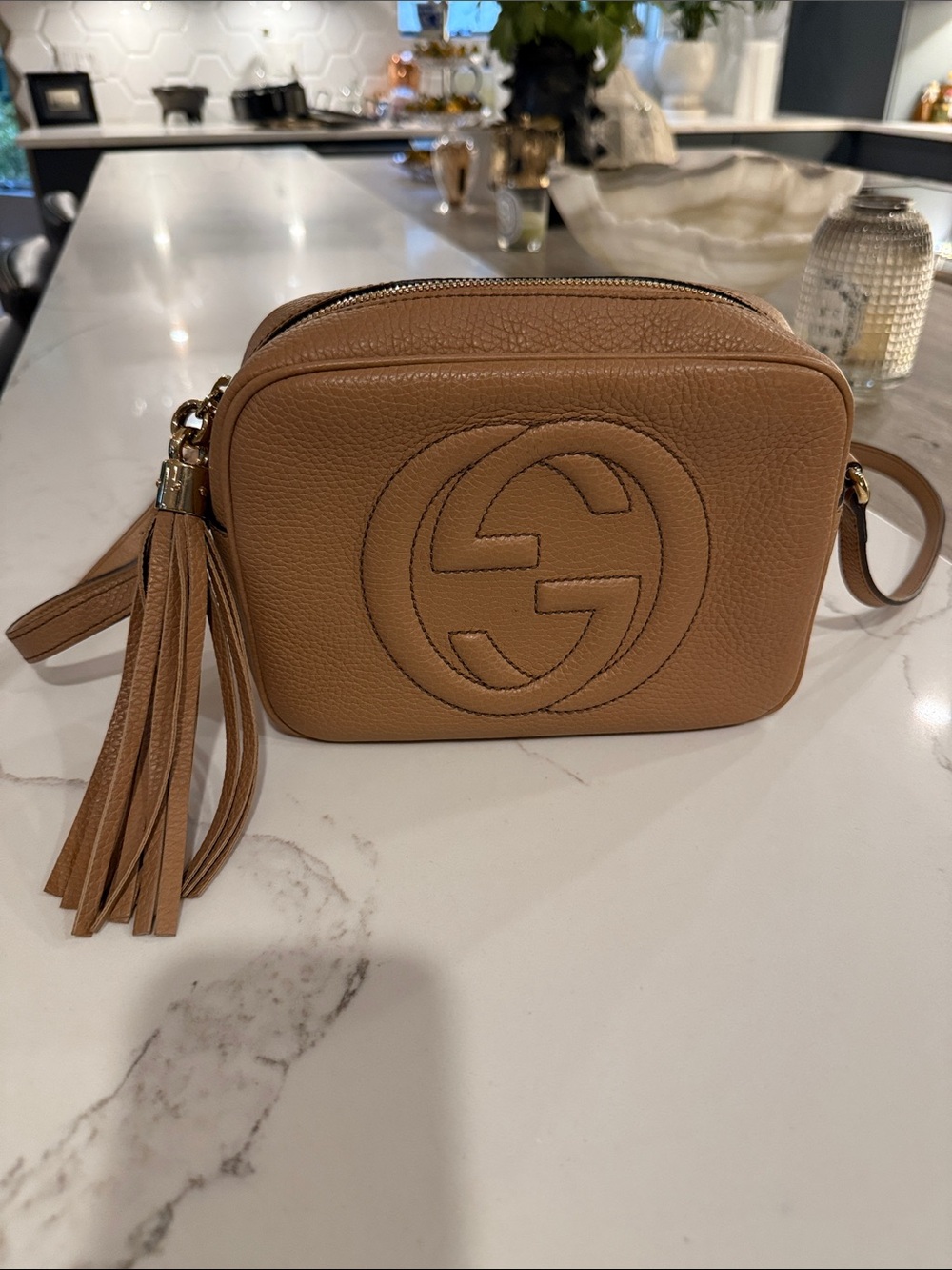 Gucci Tan Pebbled Leather Crossbody with Tassel